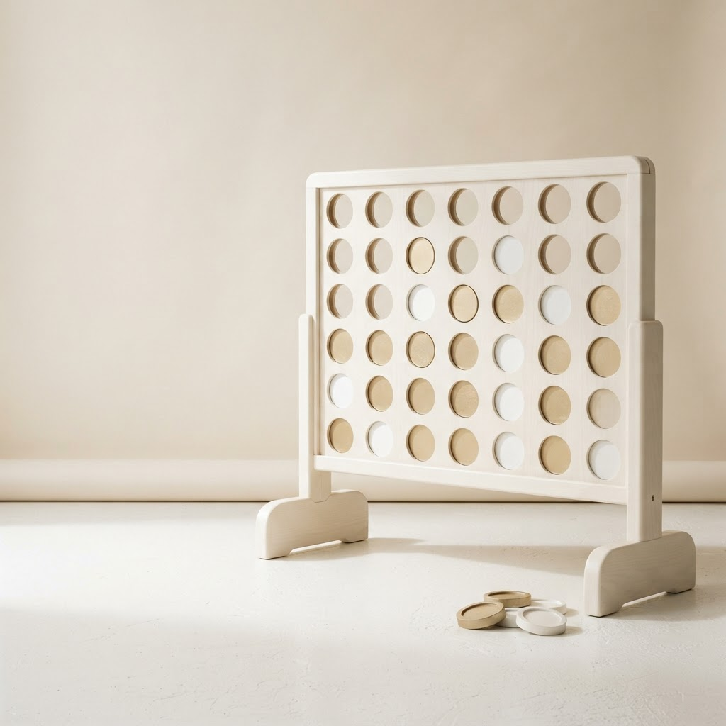Giant freestanding connect four game with ivory frame and white and gold counters