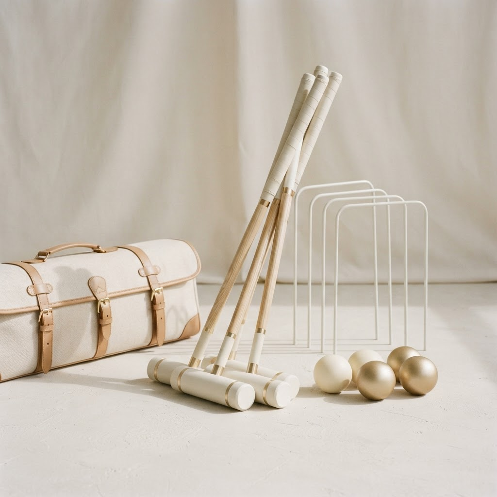 Luxury croquet set with white mallets, gold detailing and a coordinating carry case