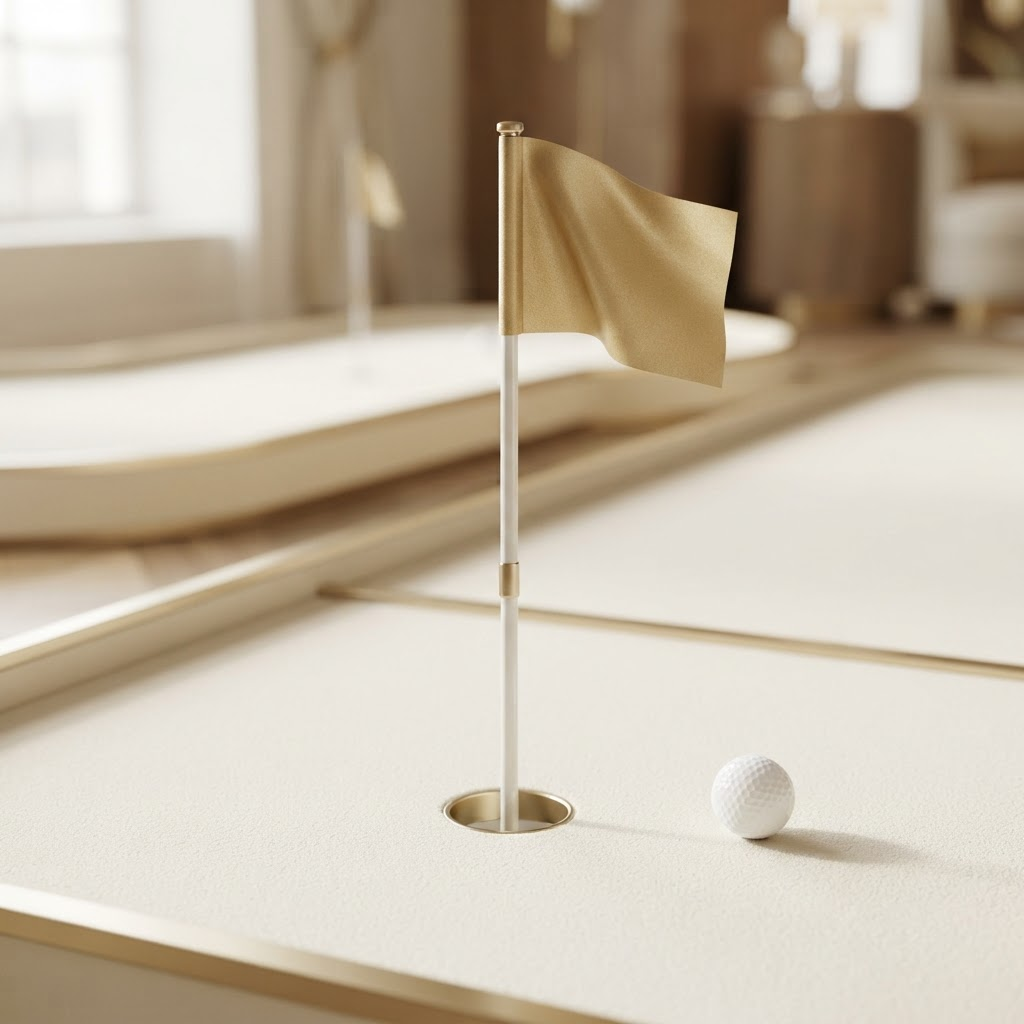 Champagne gold personalised mini golf flag detail in soft daylight