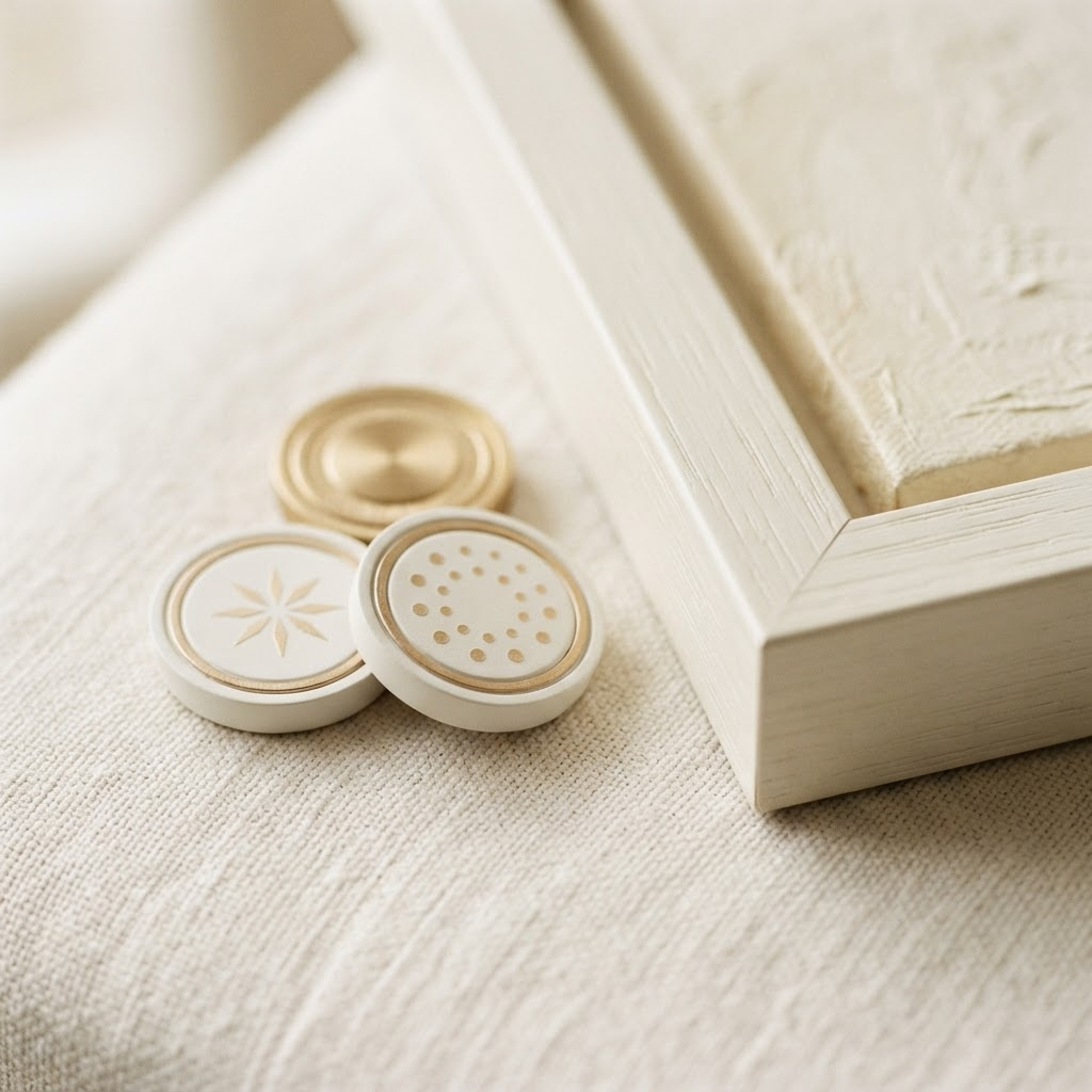 Close detail of champagne gold and ivory game pieces on matte white