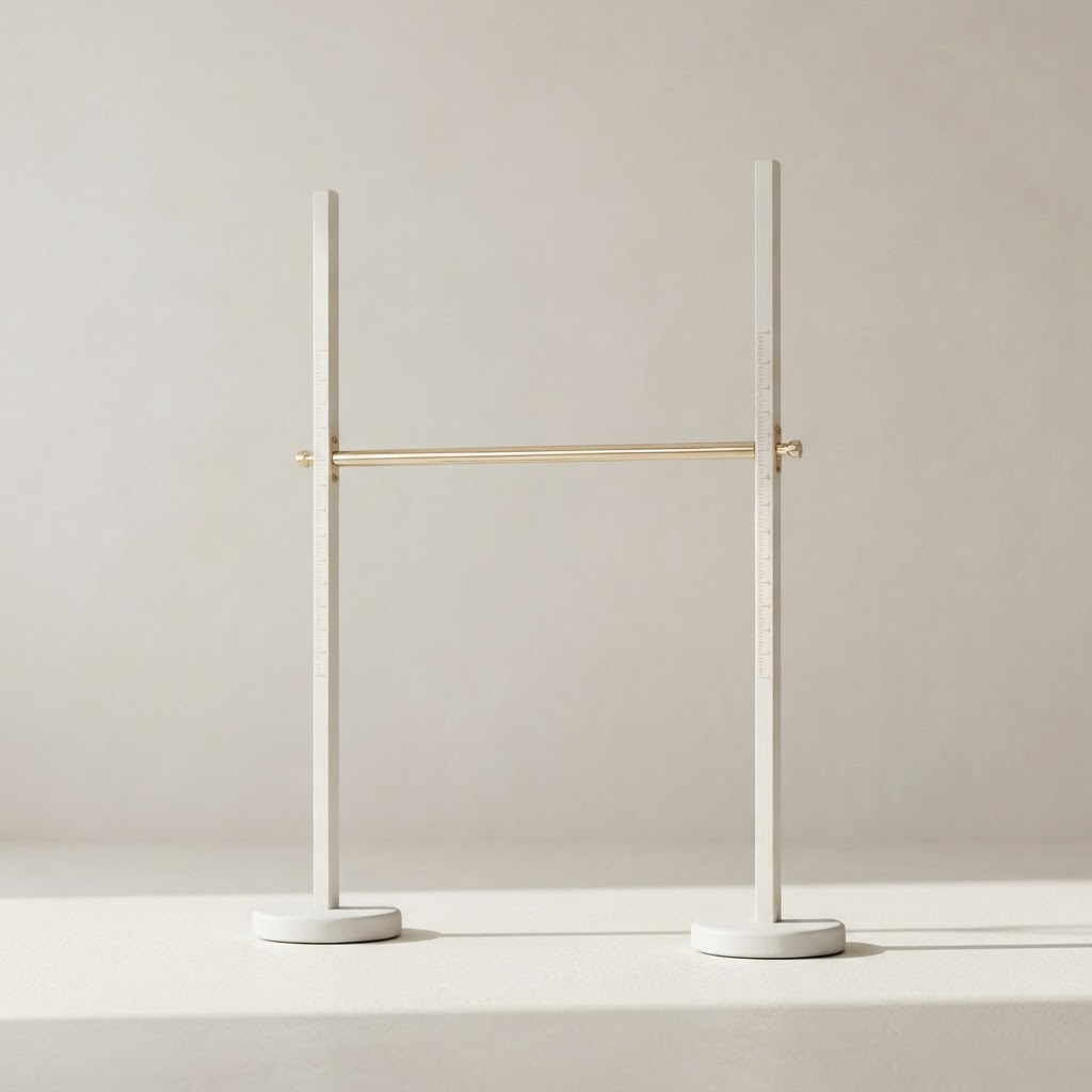 Freestanding white limbo set with a champagne gold adjustable bar at an evening event