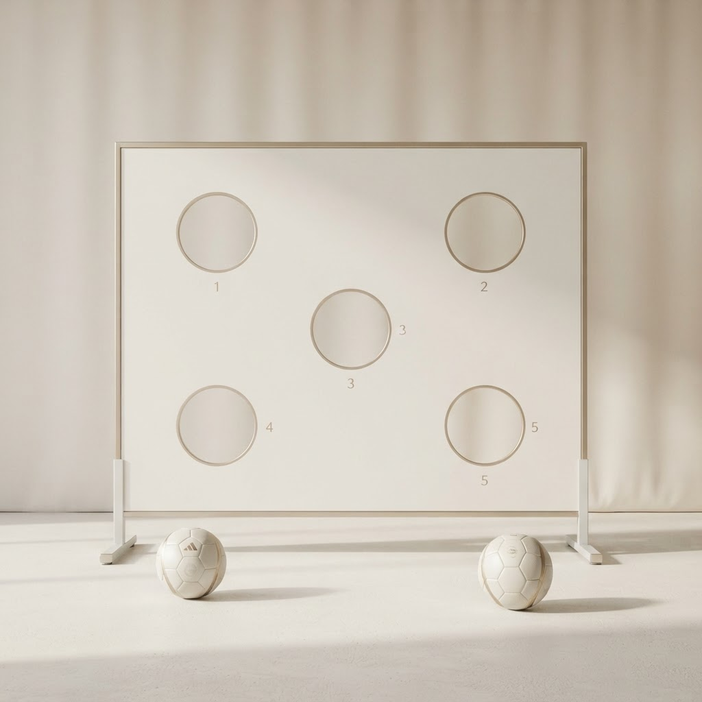 Freestanding white football shooting target wall with champagne gold frame, circular target holes and two white and gold footballs