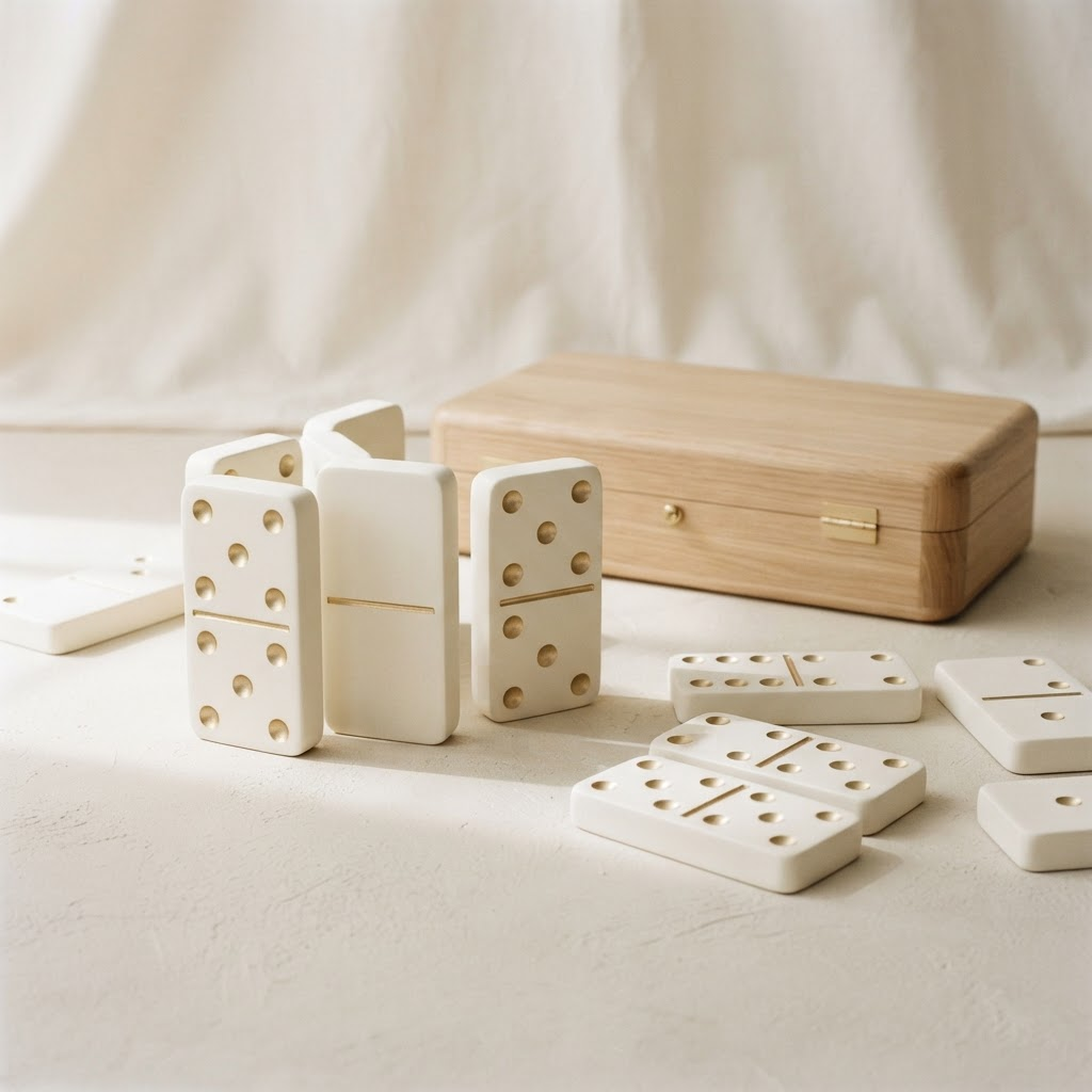 Oversized white dominoes with champagne gold markings in a premium storage case