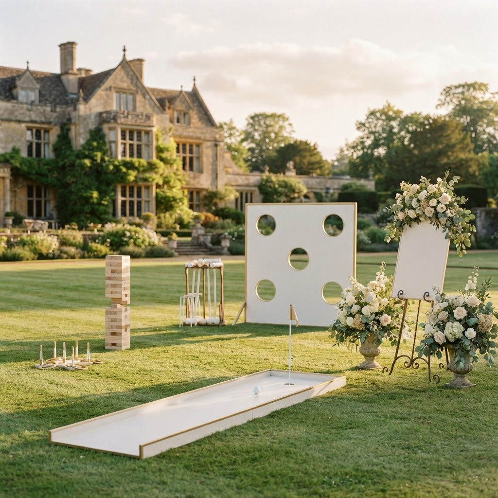 Luxury white and champagne gold Event Play games styled across a manicured country estate lawn