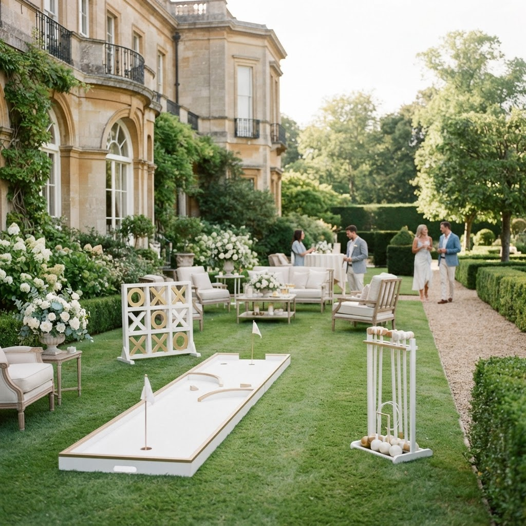 Five star hotel garden with a styled Event Play entertainment area in white and champagne gold