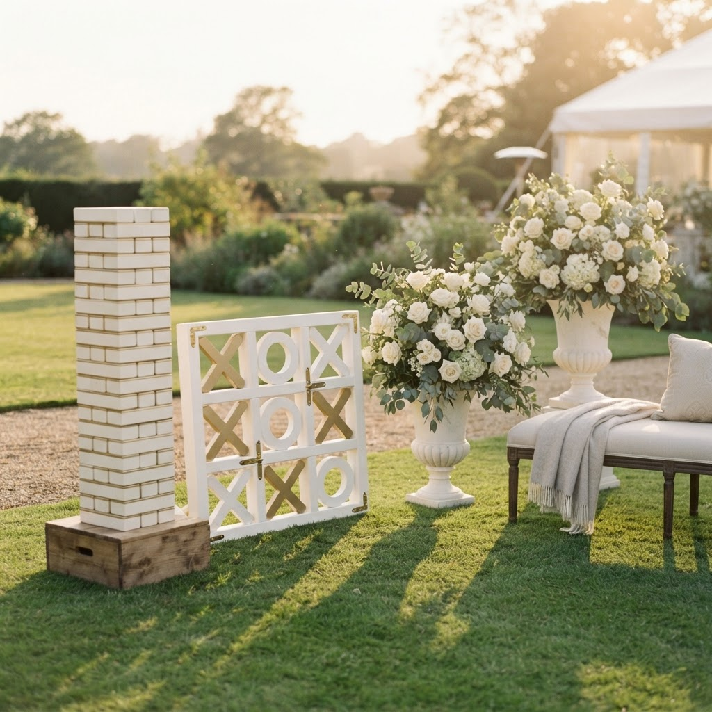 Beautifully styled white and champagne gold Event Play games on a country estate lawn