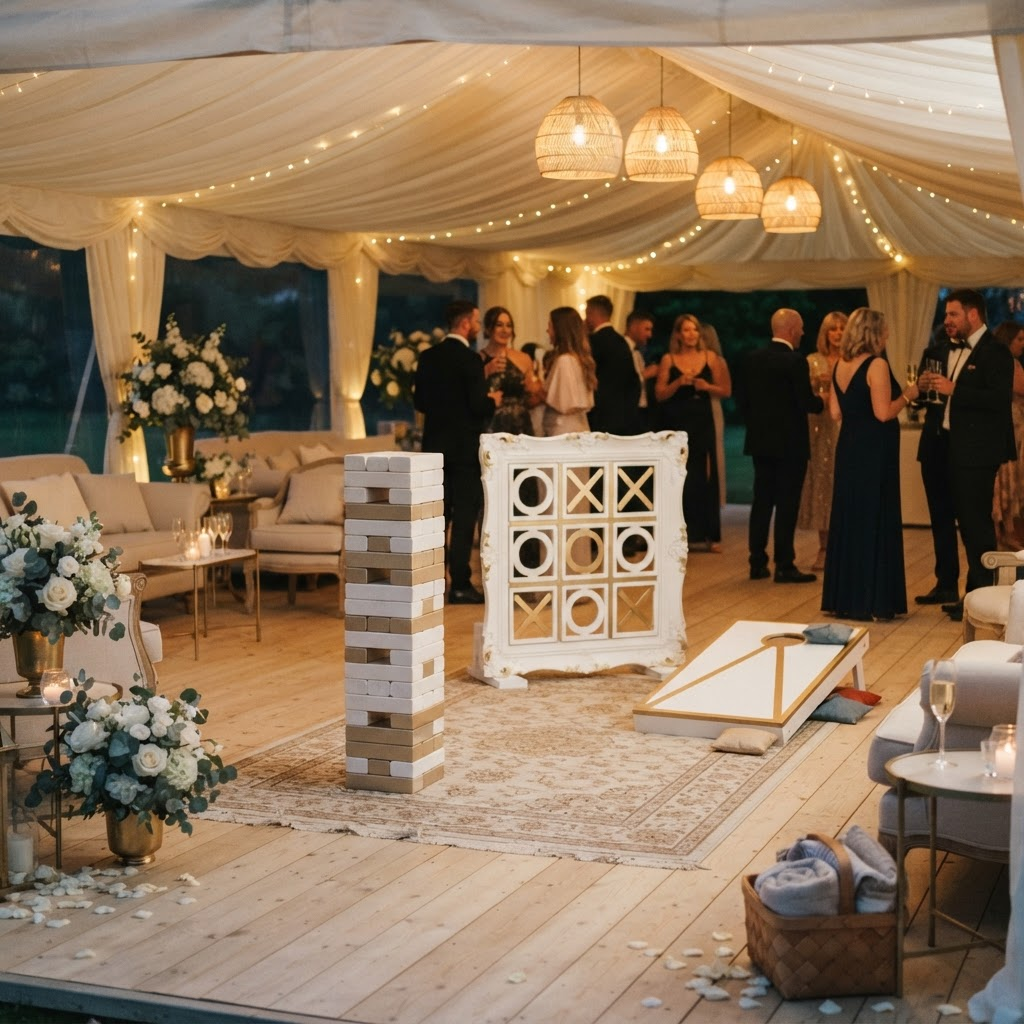 Elegant marquee evening reception with illuminated white and champagne gold games
