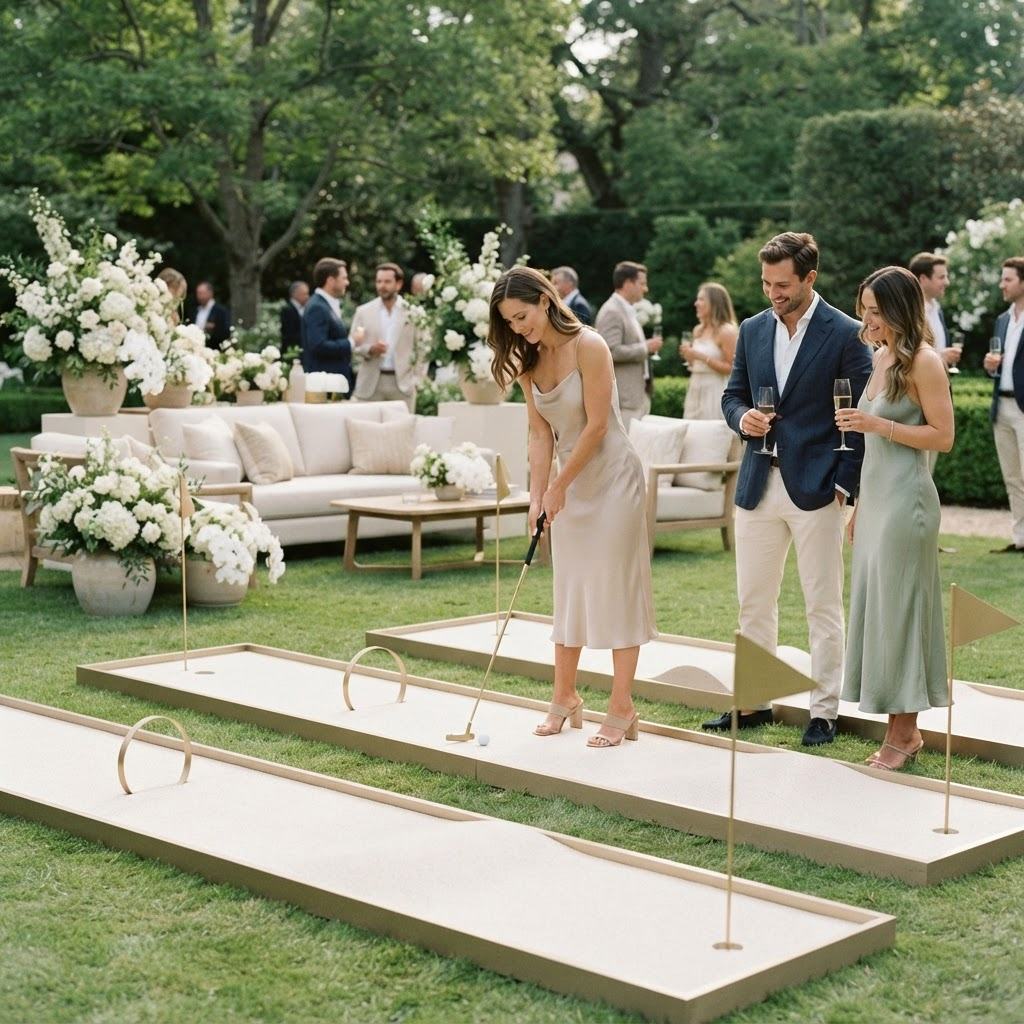 Guests putting on the luxury mini golf course at a hotel garden event