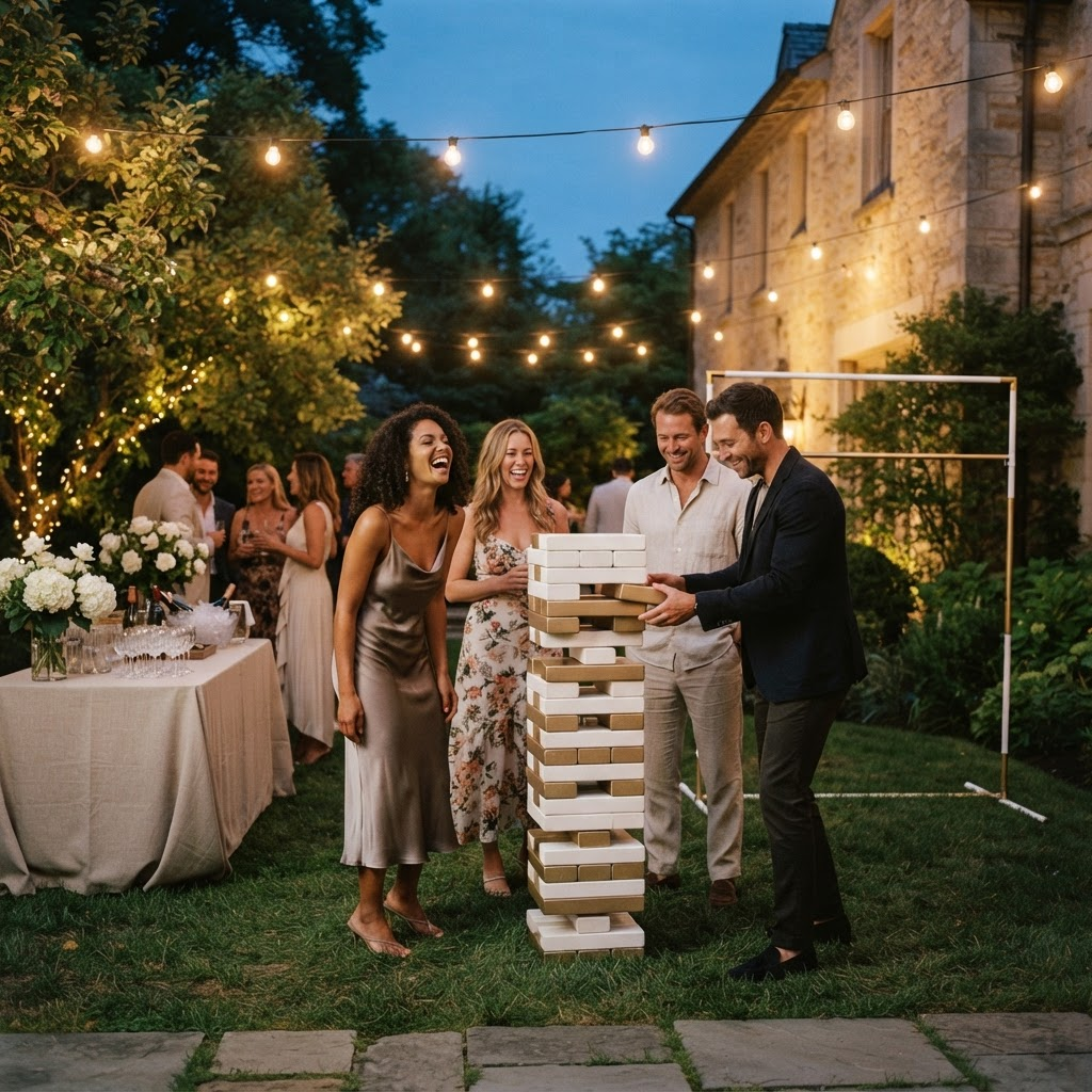 Evening private garden celebration with white and champagne gold Event Play games and warm lighting