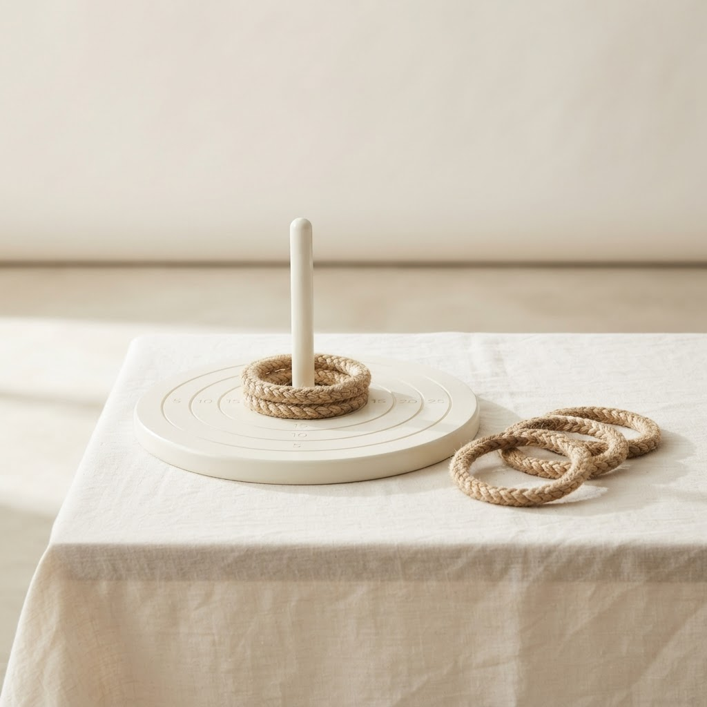 White and champagne gold quoits garden game styled on ivory linen