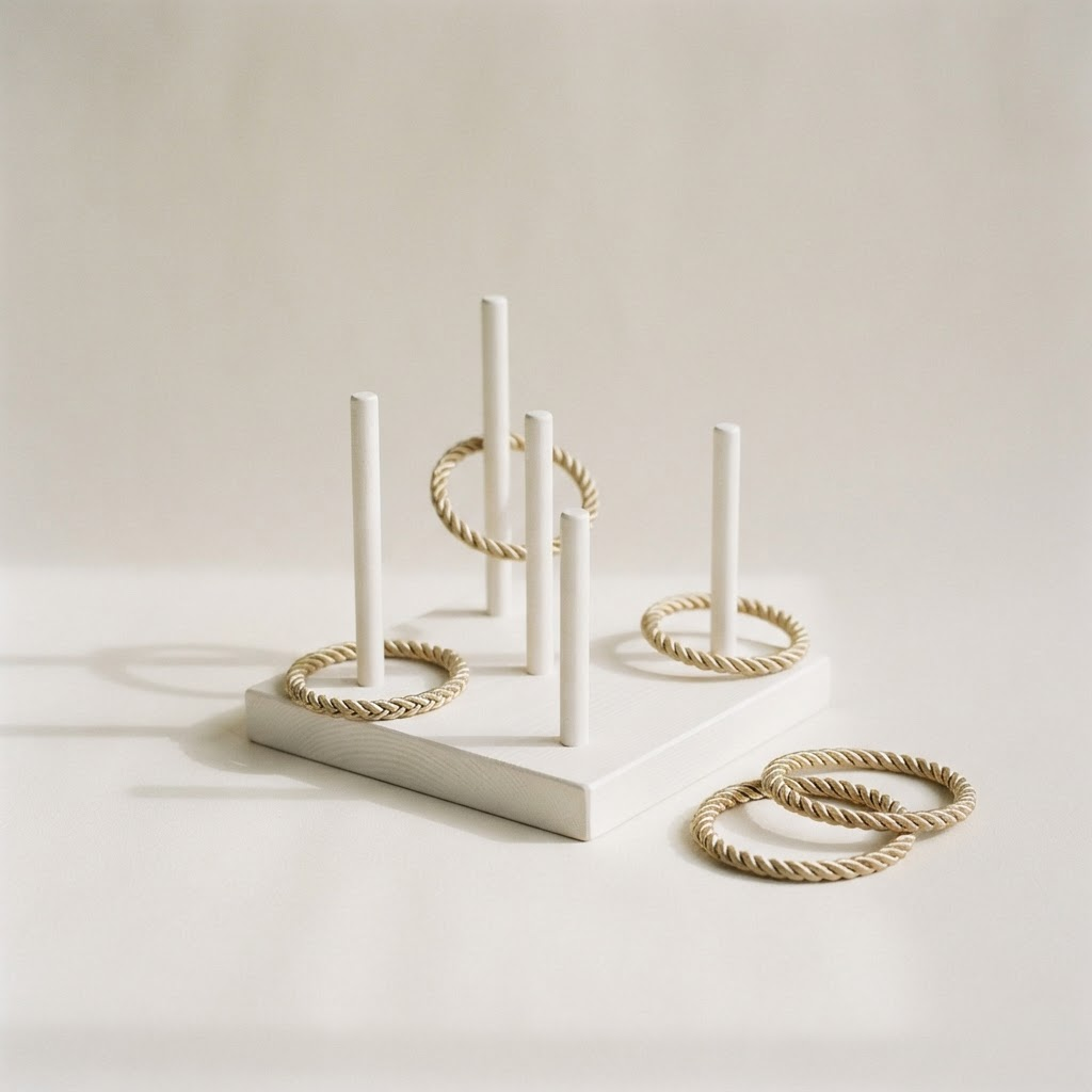 White and champagne gold ring toss game on an ivory studio background