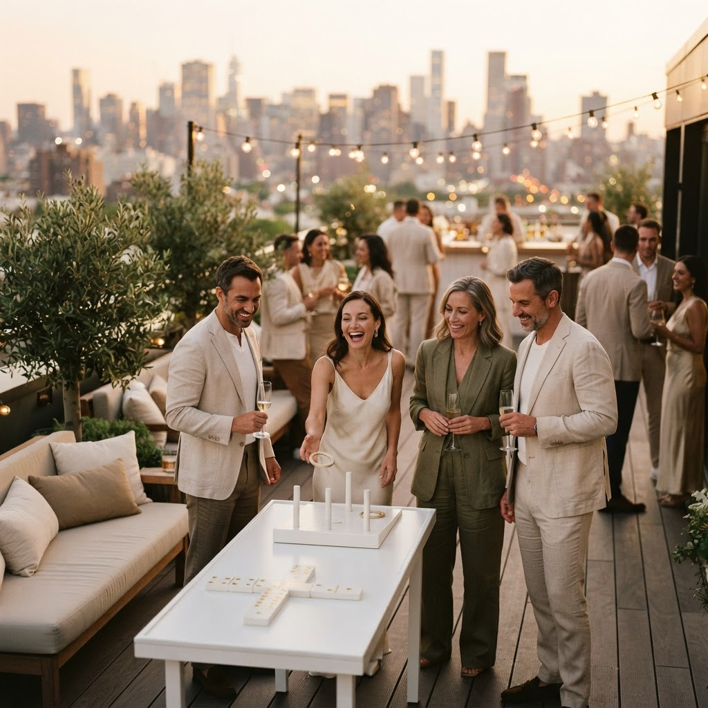 Rooftop city event with white and champagne gold games and neutral florals