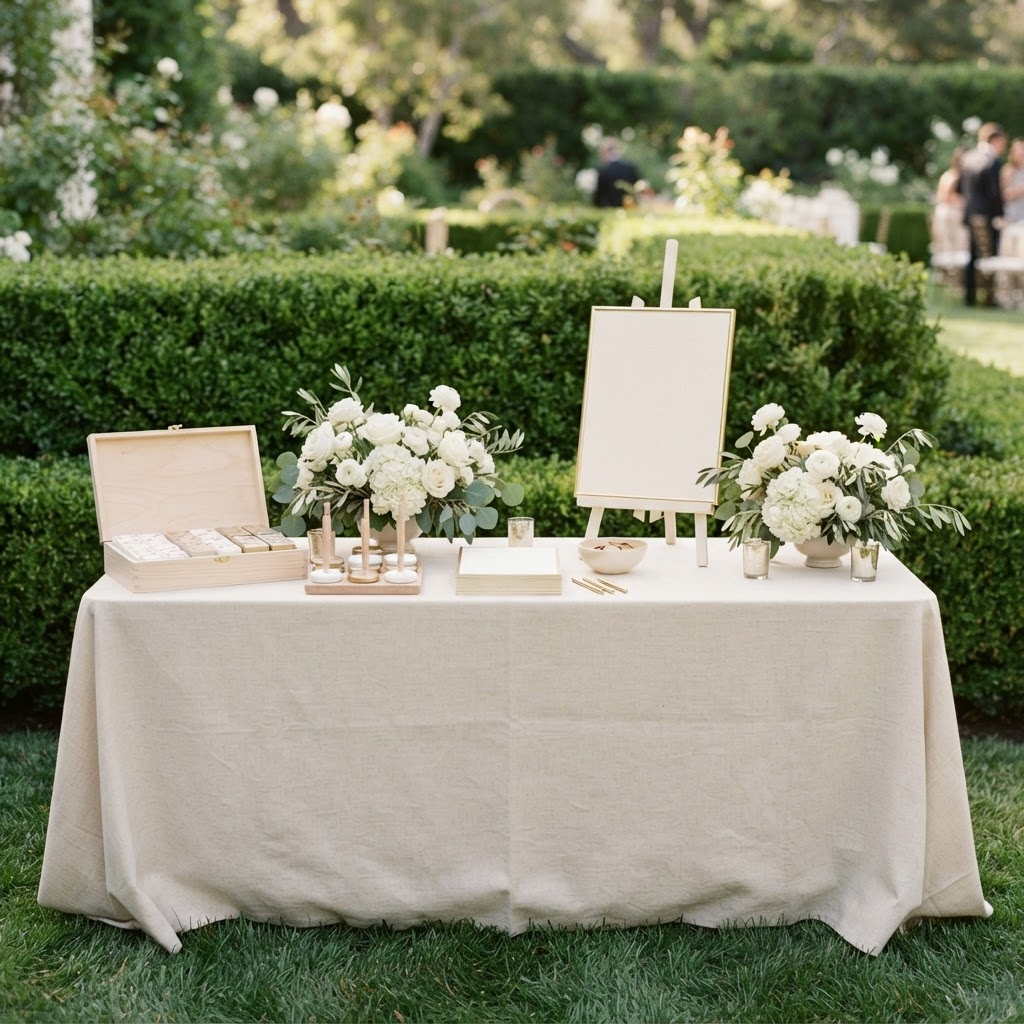 Styled lawn game station with white and gold games and white floral arrangements
