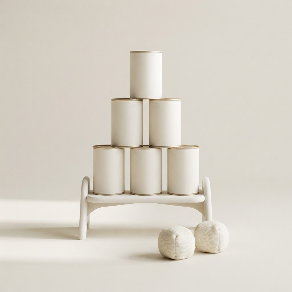 White and champagne gold tin can alley game with personalised cans and soft throwing balls