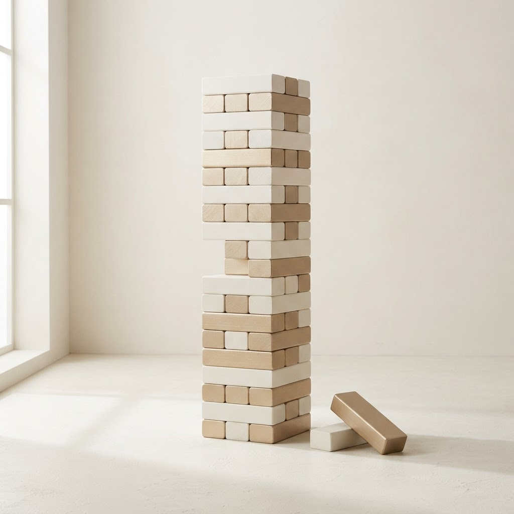 Luxury oversized tumble tower with alternating matte white and champagne gold blocks