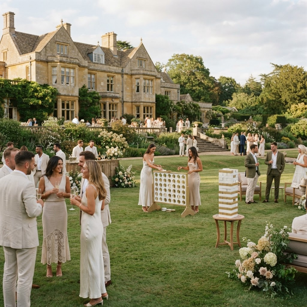 Luxury wedding drinks reception on a country estate lawn with white and gold Event Play games